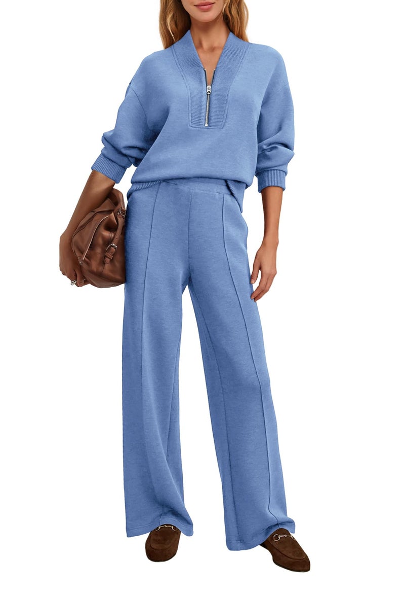 Yanekop Womens Sweatsuits 2 Piece Outfit Two Piece Lounge Set Matching Sweat Sets Half Zip Pullover and Wide Leg Pants(Sky Blue,L) - Image 2