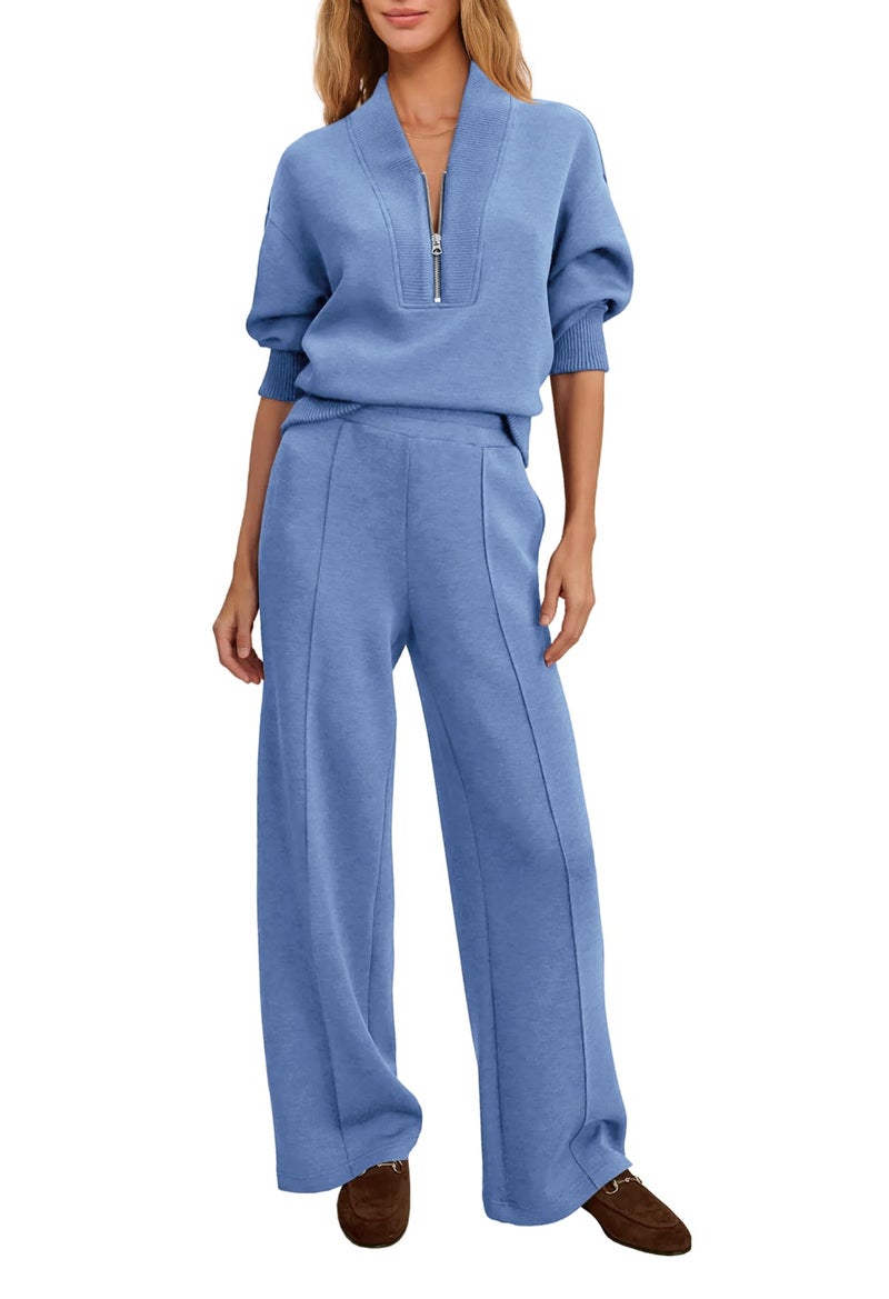 Yanekop Womens Sweatsuits 2 Piece Outfit Two Piece Lounge Set Matching Sweat Sets Half Zip Pullover and Wide Leg Pants(Sky Blue,L) - Image 1