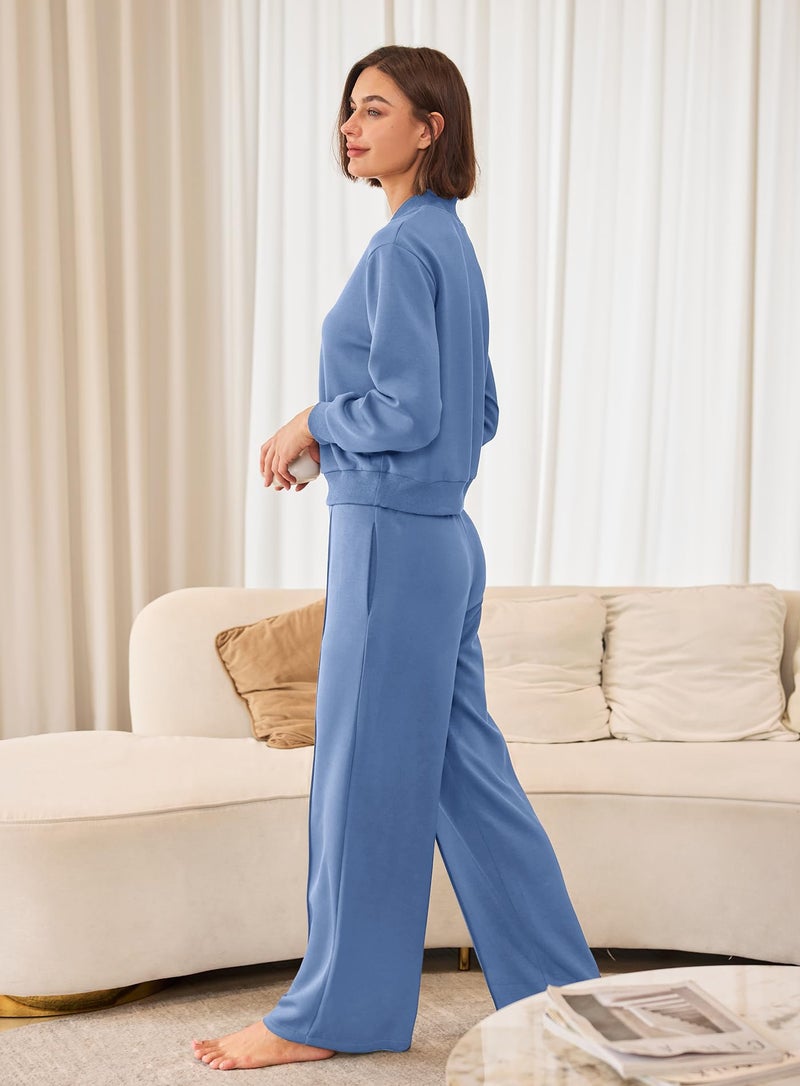 Yanekop Womens Sweatsuits 2 Piece Outfit Two Piece Lounge Set Matching Sweat Sets Half Zip Pullover and Wide Leg Pants(Sky Blue,L) - Image 4