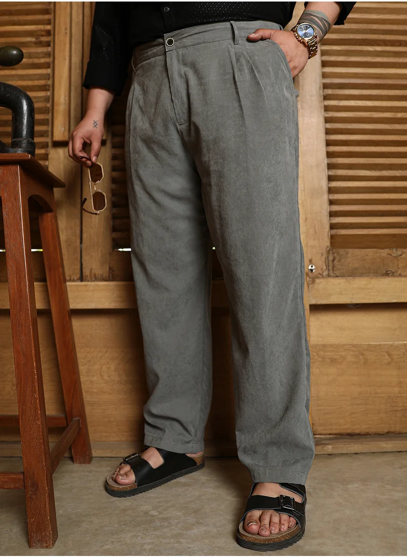 انستافاب بلس Instafab Plus Men's Antique Grey Velvet Pleated Trousers For Casual Wear | Mid-Rise | Straight Fit | Button Closure | Plus Size Trousers Crafted With Comfort Fit For Everyday Wear