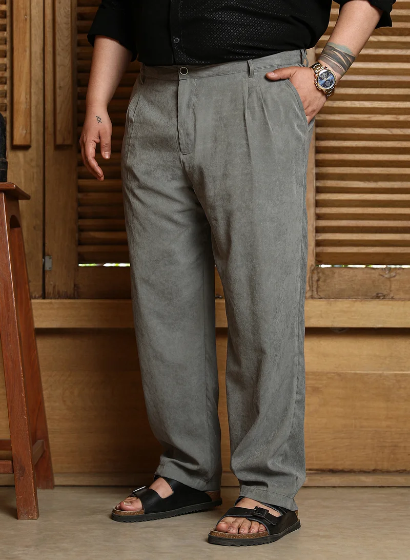 Instafab Plus Instafab Plus Men's Antique Grey Velvet Pleated Trousers For Casual Wear | Mid-Rise | Straight Fit | Button Closure | Plus Size Trousers Crafted With Comfort Fit For Everyday Wear