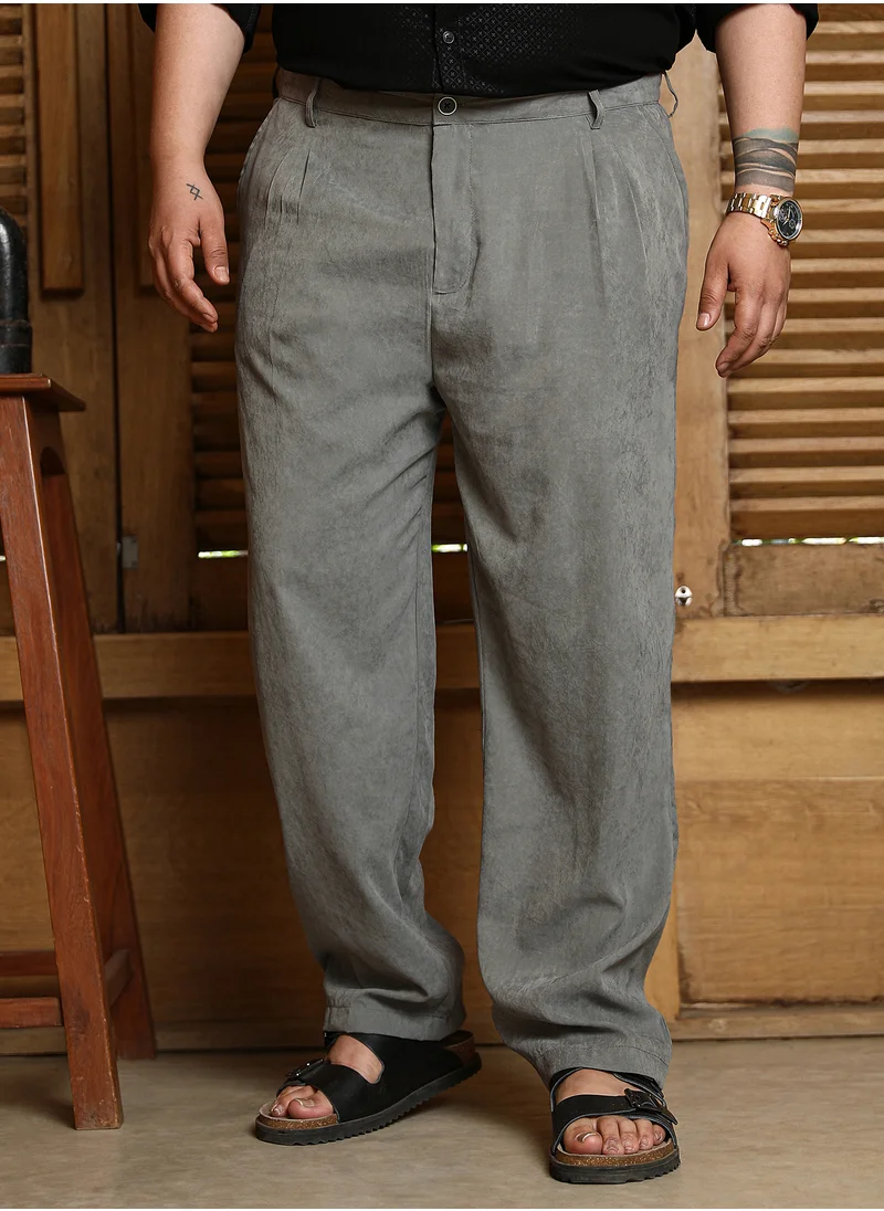 انستافاب بلس Instafab Plus Men's Antique Grey Velvet Pleated Trousers For Casual Wear | Mid-Rise | Straight Fit | Button Closure | Plus Size Trousers Crafted With Comfort Fit For Everyday Wear