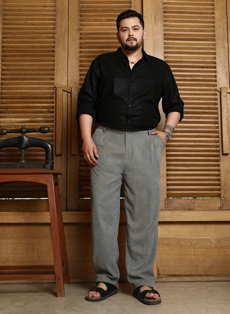 Instafab Plus Instafab Plus Men's Antique Grey Velvet Pleated Trousers For Casual Wear | Mid-Rise | Straight Fit | Button Closure | Plus Size Trousers Crafted With Comfort Fit For Everyday Wear