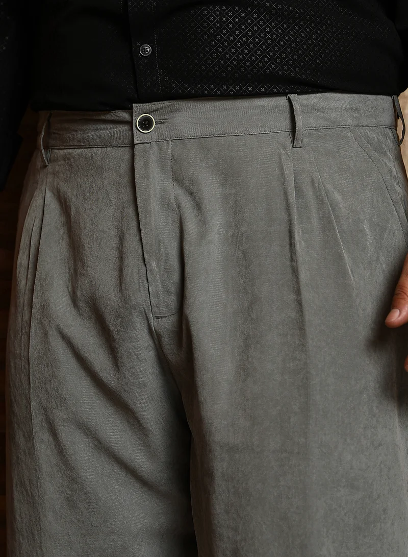 Instafab Plus Instafab Plus Men's Antique Grey Velvet Pleated Trousers For Casual Wear | Mid-Rise | Straight Fit | Button Closure | Plus Size Trousers Crafted With Comfort Fit For Everyday Wear