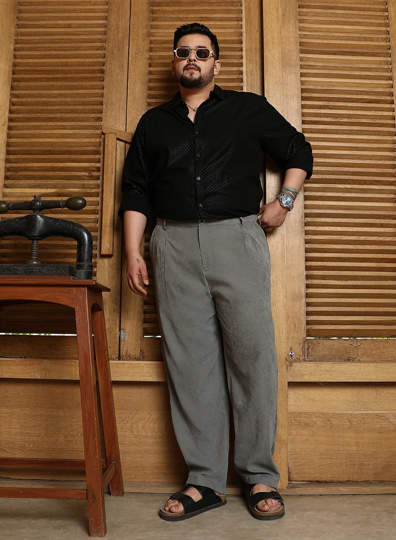 Instafab Plus Instafab Plus Men's Antique Grey Velvet Pleated Trousers For Casual Wear | Mid-Rise | Straight Fit | Button Closure | Plus Size Trousers Crafted With Comfort Fit For Everyday Wear