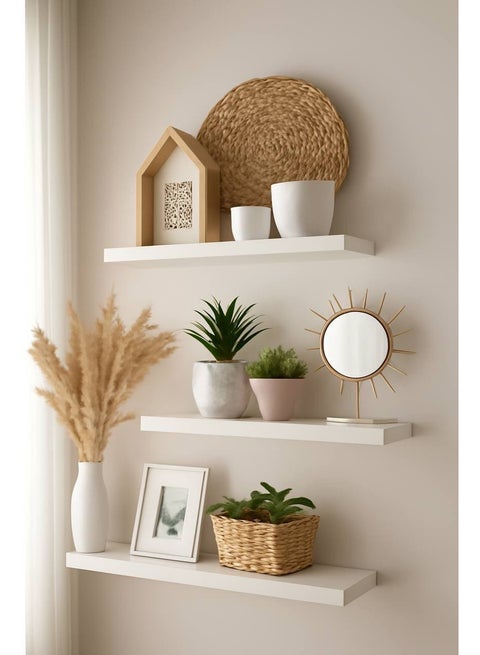 3-piece floating decorative shelf set made of MDF wood, with its own screws for assembly. Sizes: 60cm, 50cm, 40cm. Shelf width: 15cm.