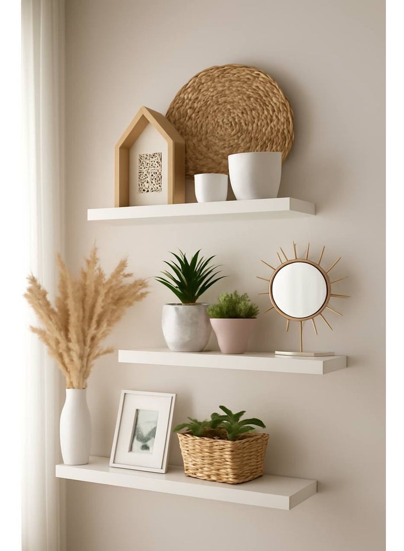 3-piece floating decorative shelf set made of MDF wood, with its own screws for assembly. Sizes: 60cm, 50cm, 40cm. Shelf width: 15cm.