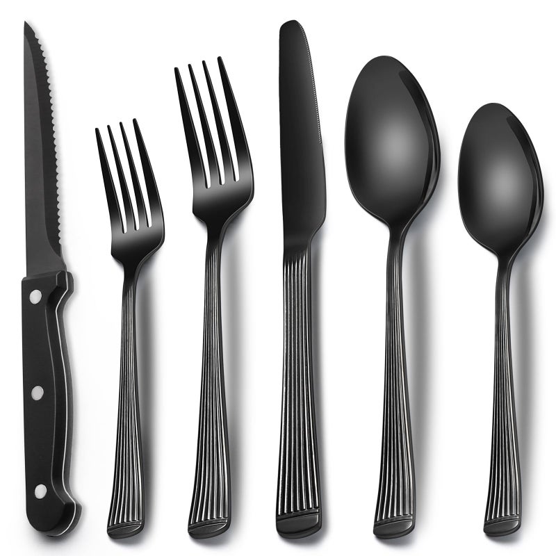 EWFEN 24-Piece Black Silverware Set with Steak Knives, Black Flatware Set for 4, Food-Grade Stainless Steel Tableware Cutlery Set, Mirror Finished Utensil Sets for Home Restaurant, Roman Column - Image 1
