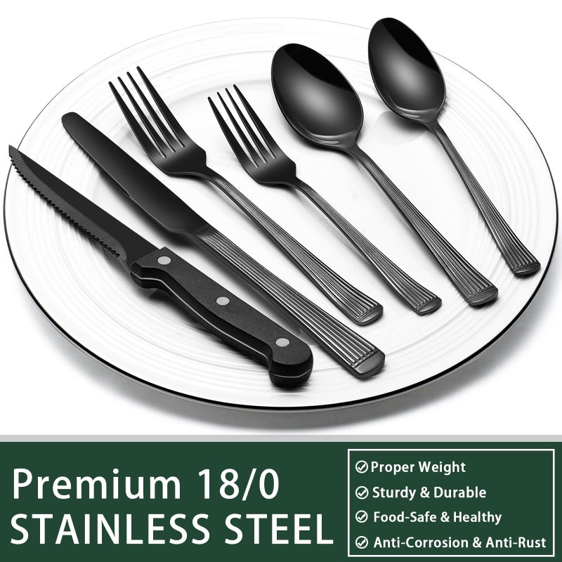 EWFEN 24-Piece Black Silverware Set with Steak Knives, Black Flatware Set for 4, Food-Grade Stainless Steel Tableware Cutlery Set, Mirror Finished Utensil Sets for Home Restaurant, Roman Column - Image 5