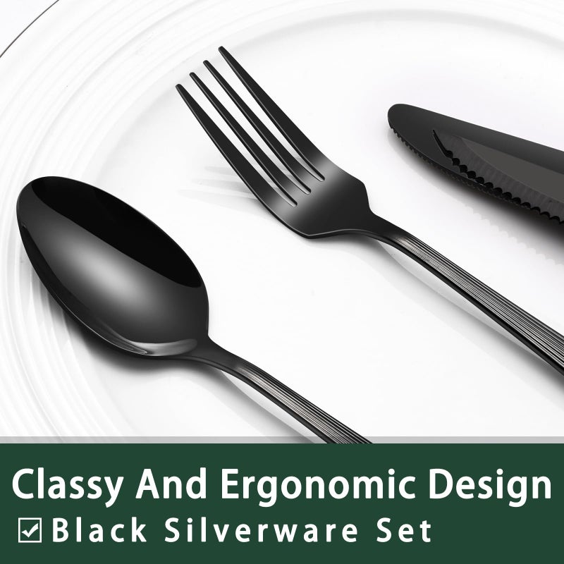 EWFEN 24-Piece Black Silverware Set with Steak Knives, Black Flatware Set for 4, Food-Grade Stainless Steel Tableware Cutlery Set, Mirror Finished Utensil Sets for Home Restaurant, Roman Column - Image 3