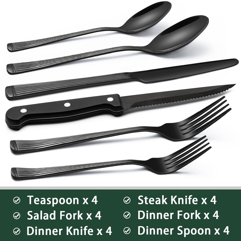 EWFEN 24-Piece Black Silverware Set with Steak Knives, Black Flatware Set for 4, Food-Grade Stainless Steel Tableware Cutlery Set, Mirror Finished Utensil Sets for Home Restaurant, Roman Column - Image 2