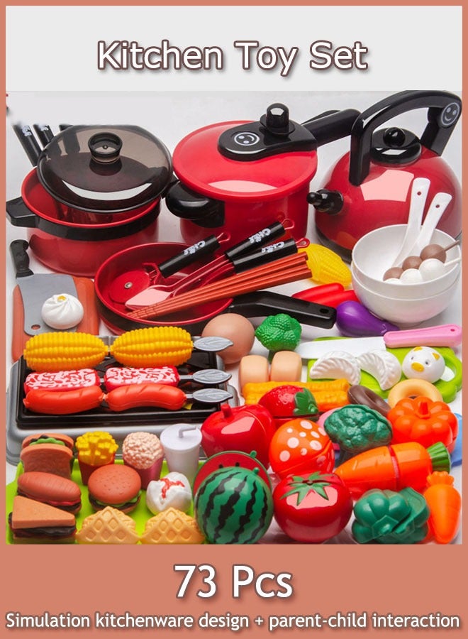 73Pcs Play Kitchen Accessories, Play Food Sets for Kids Kitchen Playset with Pots and Pans Set, Daily Food Fruit Veges, Cooking Utensils, Preschool Learning Education Toys for Toddlers, Gifts for Girls - Image 1