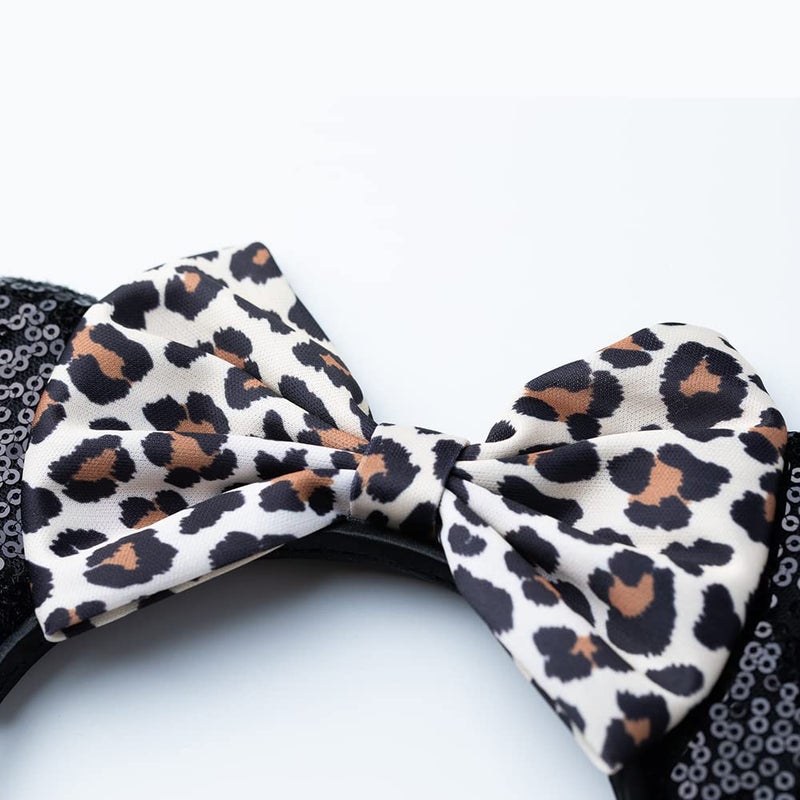 Foeran Mouse Ears Headbands Shiny Bows Mouse Ears Glitter Party Princess Decoration Cosplay Costume for Girls Women (Leopard print-1) - Image 2