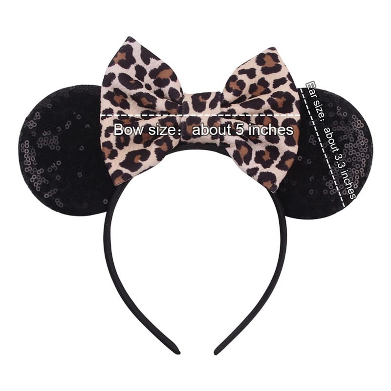 Foeran Mouse Ears Headbands Shiny Bows Mouse Ears Glitter Party Princess Decoration Cosplay Costume for Girls Women (Leopard print-1) - Image 5