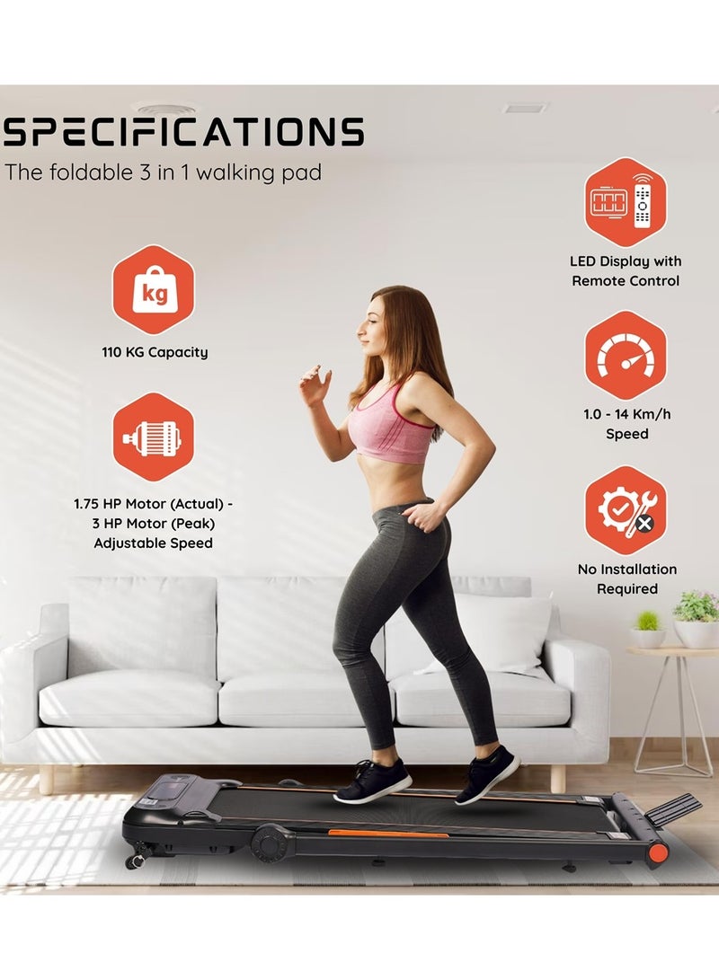 ENDLESS Foldable Treadmill Walking Pad 3HP DC Motor, 1–14 km/h Speed, Remote & Bracelet Control, LED Display, Shock Absorption, iPad/Phone Holder, 100kg Max Load – Home Office Use