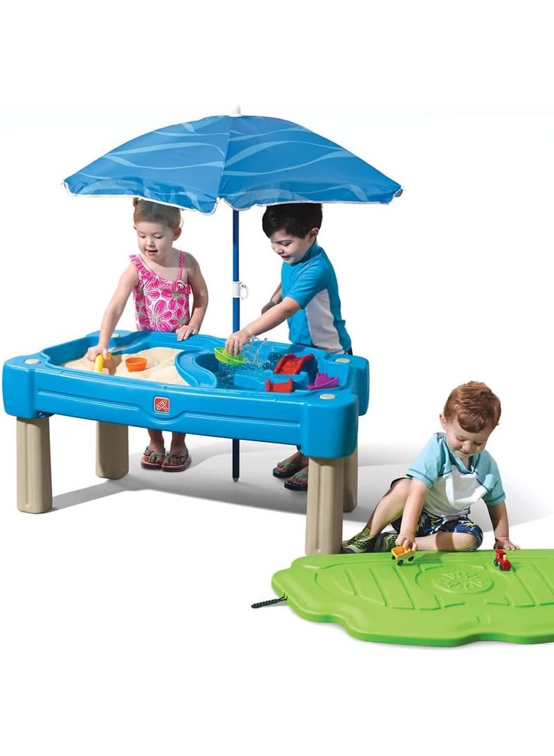 Step2 Cascading Cove Sand & Water Table with Umbrella, Dual-Sided Outdoor Sensory Play Table with Lid & Drain Plugs, Blue - Image 1