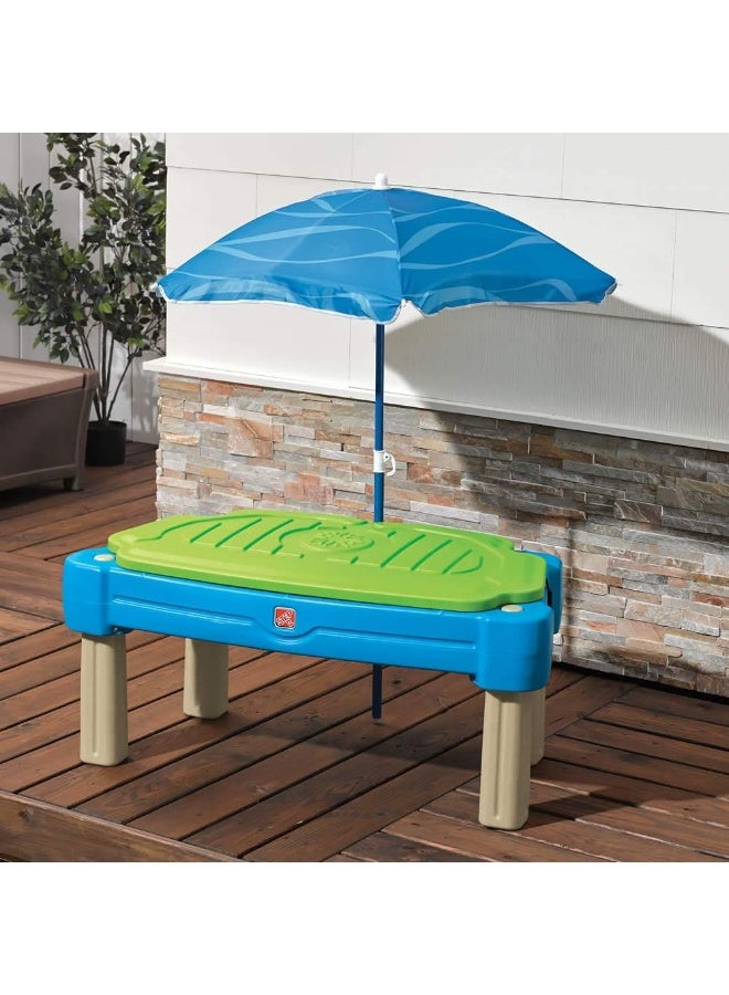Step2 Cascading Cove Sand & Water Table with Umbrella, Dual-Sided Outdoor Sensory Play Table with Lid & Drain Plugs, Blue - Image 2