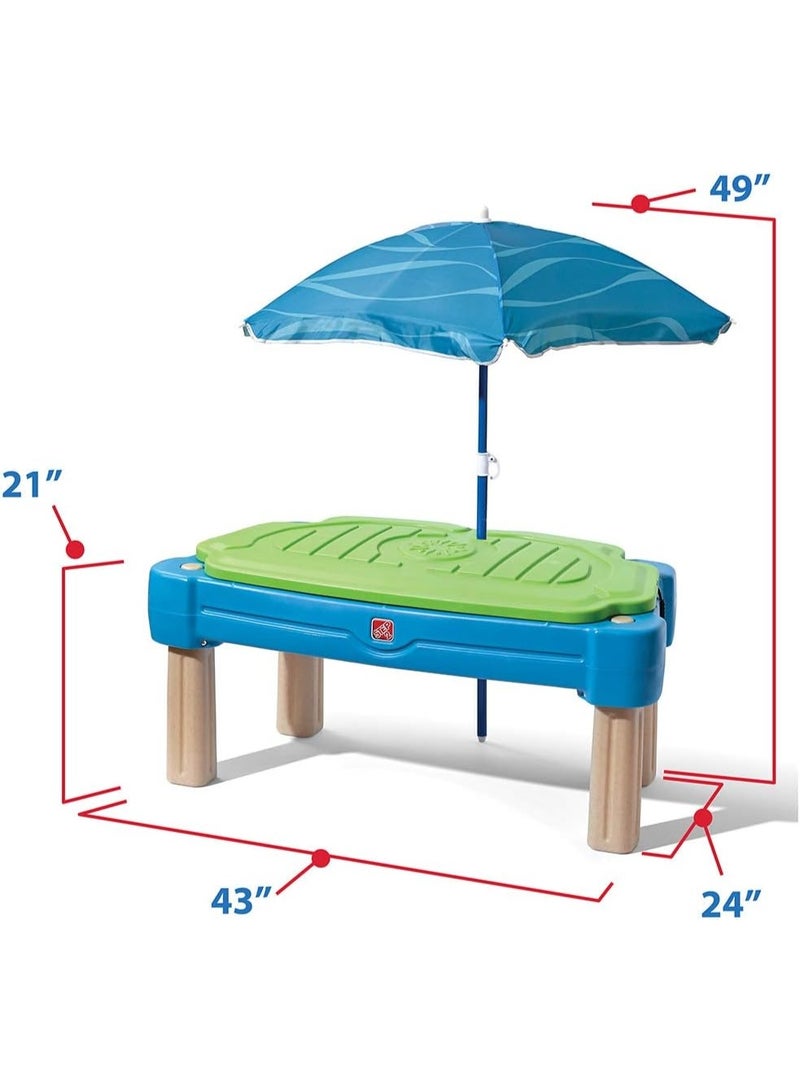 Step2 Cascading Cove Sand & Water Table with Umbrella, Dual-Sided Outdoor Sensory Play Table with Lid & Drain Plugs, Blue - Image 3