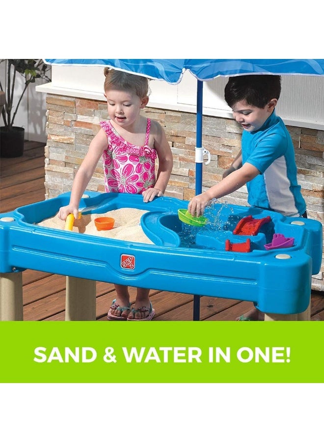 Step2 Cascading Cove Sand & Water Table with Umbrella, Dual-Sided Outdoor Sensory Play Table with Lid & Drain Plugs, Blue - Image 4