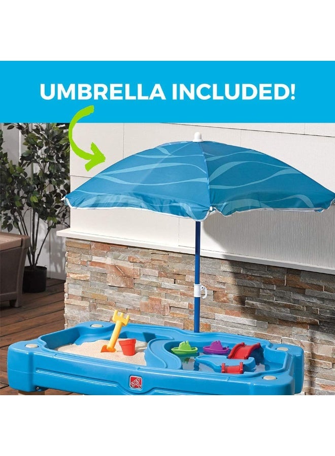 Step2 Cascading Cove Sand & Water Table with Umbrella, Dual-Sided Outdoor Sensory Play Table with Lid & Drain Plugs, Blue - Image 5