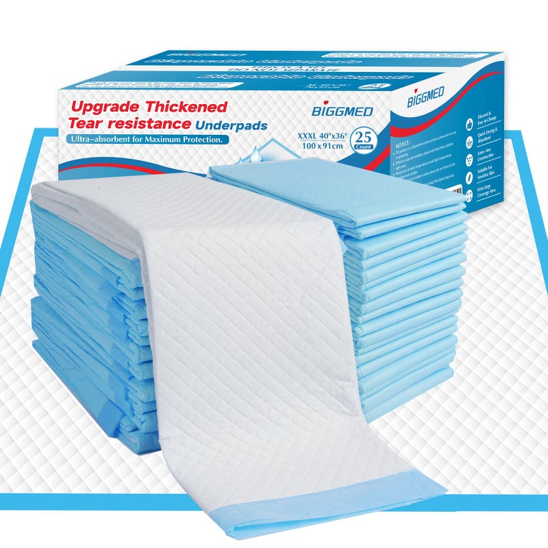 BIGGMED Tear-Resistant Incontinence Bed Pads 40'' x 36'' 130 Gram Heavy Duty (25 Count) Disposable Underpads Chucks Pads for Adults, Kids & Elderly | Protection Pads for Bed, Sofa, and Chair - Image 1
