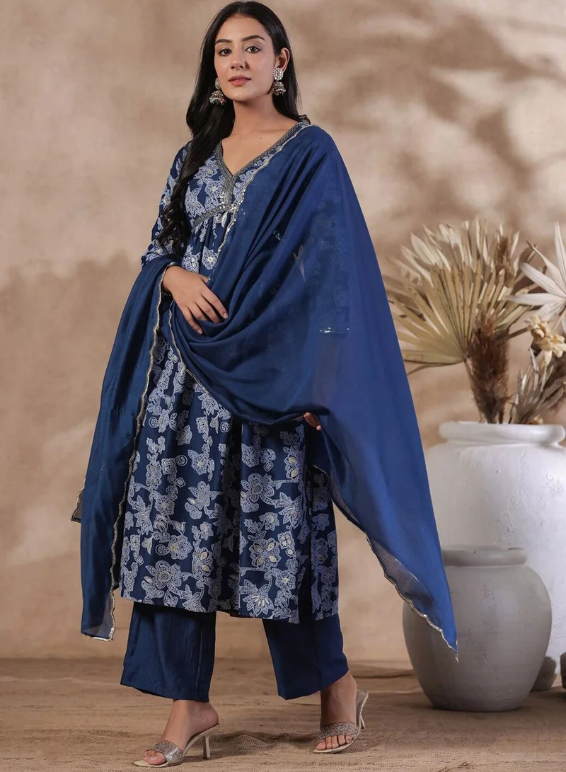 ISHIN Women's Navy Silk Printed Tunic Full Length Palazzo Regular Fit Kurta Set