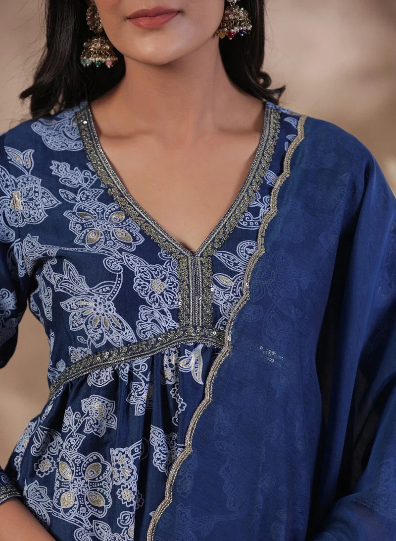 ISHIN Women's Navy Silk Printed Tunic Full Length Palazzo Regular Fit Kurta Set