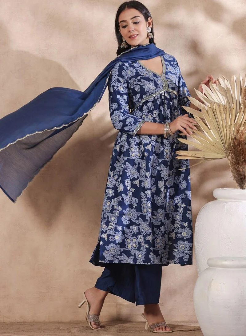 ISHIN Women's Navy Silk Printed Tunic Full Length Palazzo Regular Fit Kurta Set