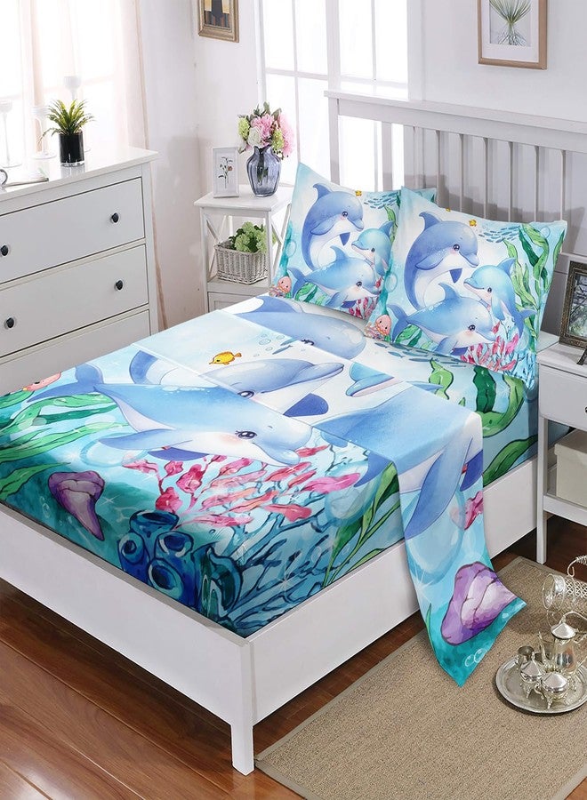 XYNHML Dolphins Animal Aqua Blue Green Sea Sheet Twin 4Pcs Kids Coral Jellyfish Bedding Set for Boys Girls Ocean Waves Bedspread Fish Bed Set with 1 Flat Sheet and 1 Fitted Sheet+2 Pillowcases - Image 2