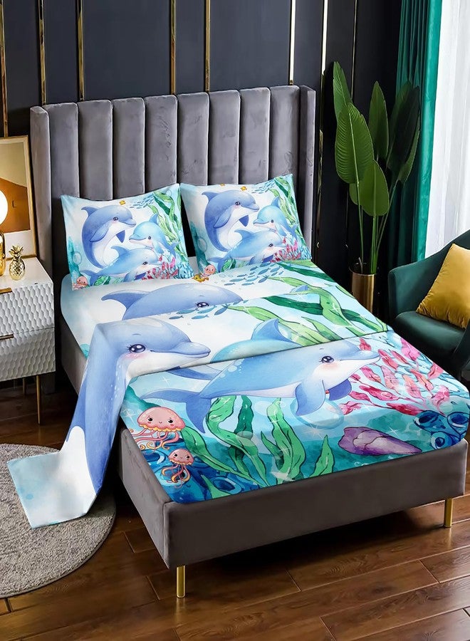 XYNHML Dolphins Animal Aqua Blue Green Sea Sheet Twin 4Pcs Kids Coral Jellyfish Bedding Set for Boys Girls Ocean Waves Bedspread Fish Bed Set with 1 Flat Sheet and 1 Fitted Sheet+2 Pillowcases - Image 3