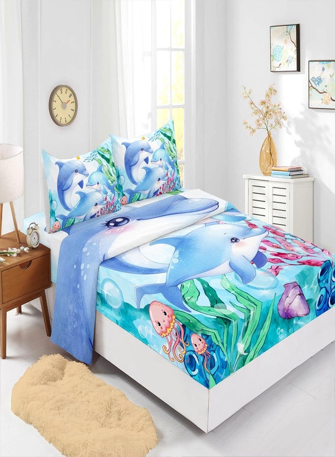 XYNHML Dolphins Animal Aqua Blue Green Sea Sheet Twin 4Pcs Kids Coral Jellyfish Bedding Set for Boys Girls Ocean Waves Bedspread Fish Bed Set with 1 Flat Sheet and 1 Fitted Sheet+2 Pillowcases - Image 1
