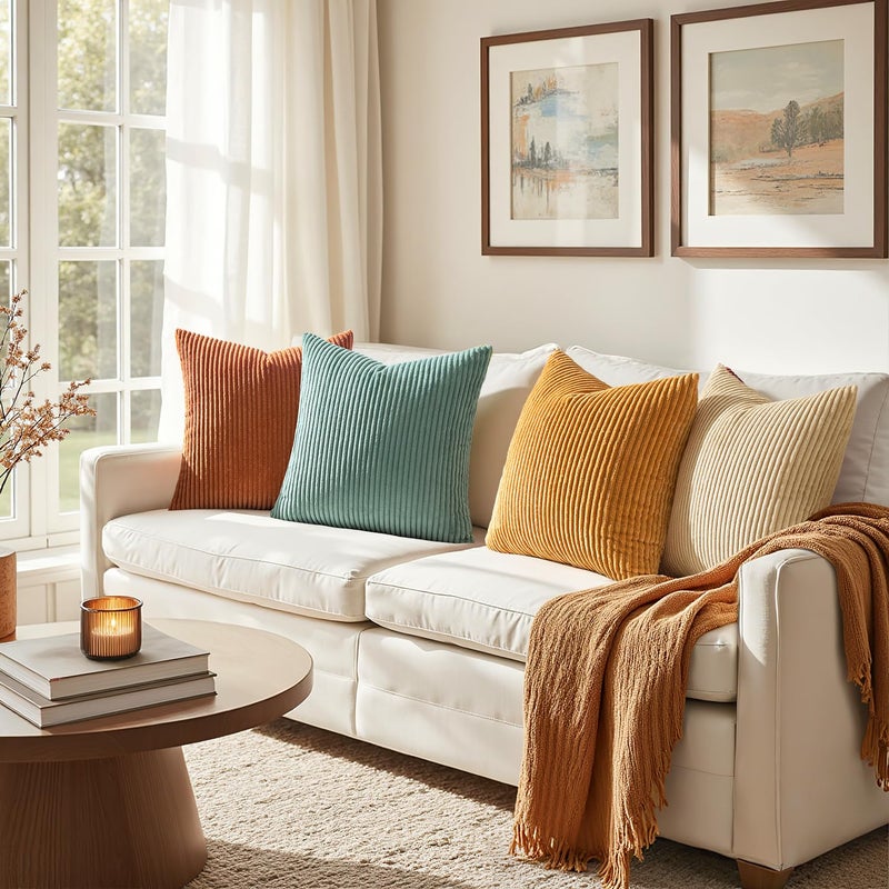 EMEMA Teal Orange Decorative Throw Pillow Covers for Couch Bed Livingroom 18x18 Inch Set of 4 Boho Farmhouse Corduroy Striped Square Pillow Case,Western Modern Cushion Covers Spring Home Decor - Image 2