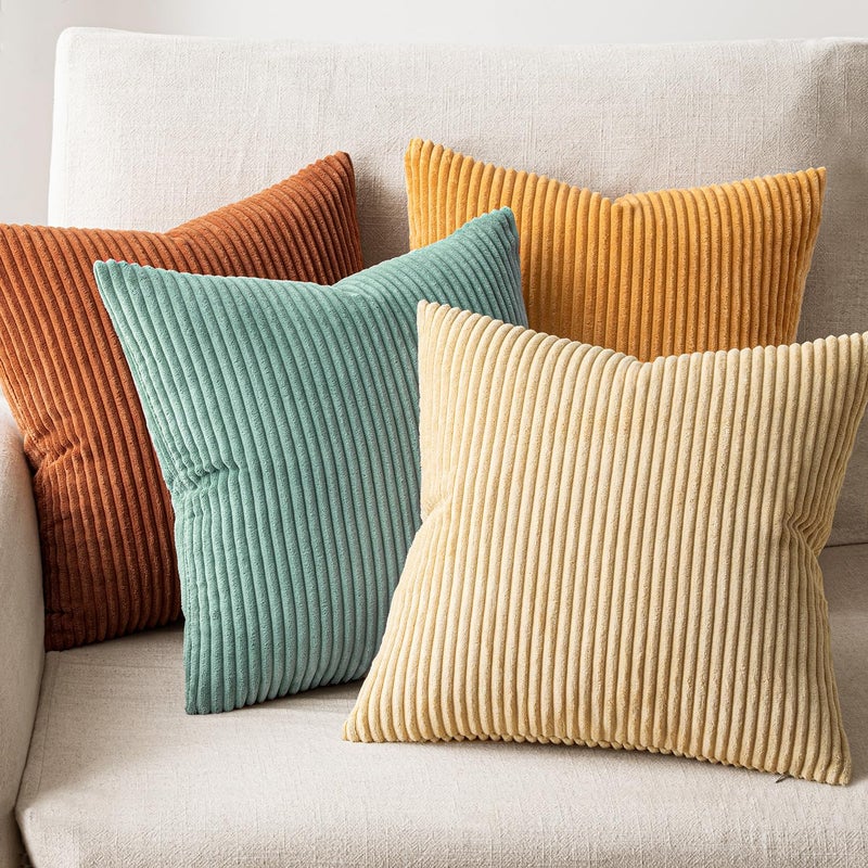 EMEMA Teal Orange Decorative Throw Pillow Covers for Couch Bed Livingroom 18x18 Inch Set of 4 Boho Farmhouse Corduroy Striped Square Pillow Case,Western Modern Cushion Covers Spring Home Decor - Image 4