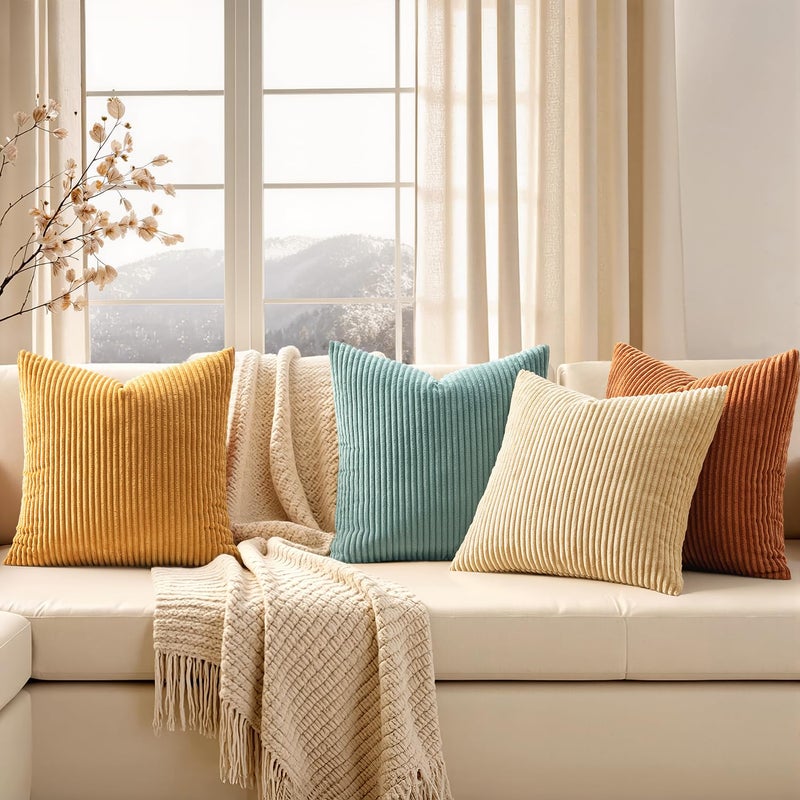 EMEMA Teal Orange Decorative Throw Pillow Covers for Couch Bed Livingroom 18x18 Inch Set of 4 Boho Farmhouse Corduroy Striped Square Pillow Case,Western Modern Cushion Covers Spring Home Decor - Image 3