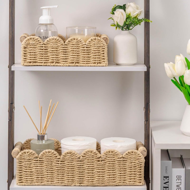 CubesLand Scalloped Edge Toilet Paper Storage Basket, Living Room Home Cozy Decor Basket, Paper Rope Small Baskets for Over Toilet Storage Shelf, End Table, Shelves, with 2 Wooden Handles, Beige - Image 4