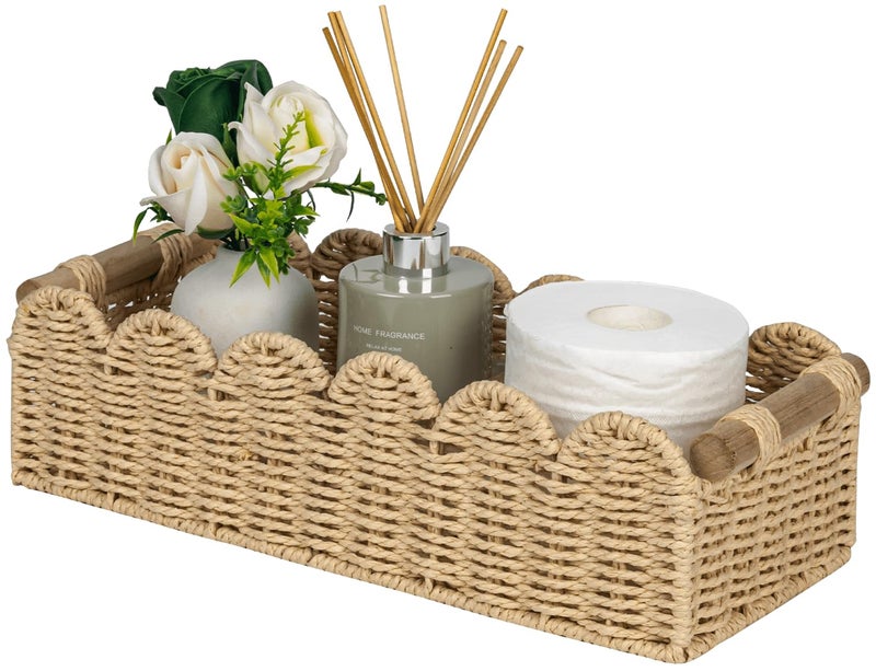 CubesLand Scalloped Edge Toilet Paper Storage Basket, Living Room Home Cozy Decor Basket, Paper Rope Small Baskets for Over Toilet Storage Shelf, End Table, Shelves, with 2 Wooden Handles, Beige - Image 1