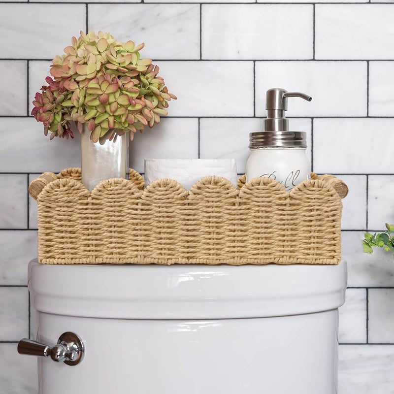 CubesLand Scalloped Edge Toilet Paper Storage Basket, Living Room Home Cozy Decor Basket, Paper Rope Small Baskets for Over Toilet Storage Shelf, End Table, Shelves, with 2 Wooden Handles, Beige - Image 2