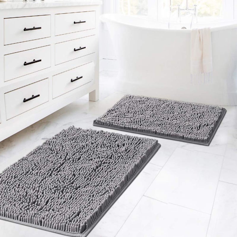 H.VERSAILTEX سجاد الحمام غير قابل للانزلاق من شاج شنيلا، سجادة حمام ناعمة للغاية وامتصاصية لغرفة الاستحمام، قابلة للغسل في الغسالة وتجف بسرعة (رمادي، 20" × 32" / 17" × 24") - Image 1