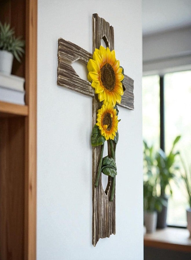 Top Brass Rustic Sunflower Wall Cross – 12” Inspirational Christian Home Décor with Sunflowers & Weathered Wood-Look Finish – Decorative Resin Garden Art - Image 3