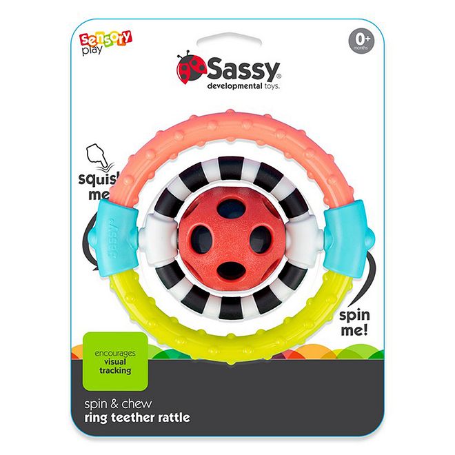 Sassy Spin and Chew Flex Ring Rattle for Babies, Soft Squishy Teething Toy, Black & White, 3m+, 12.7x5x12.7 cm - Image 2