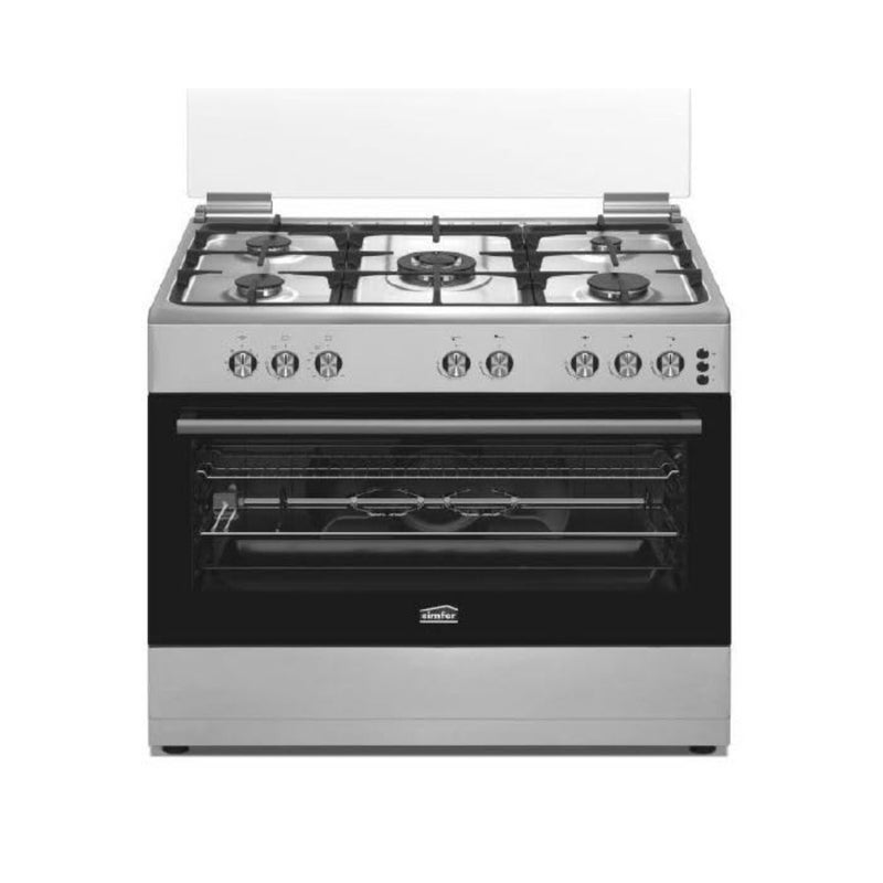 Freestanding gas cooker for kitchen use, stainless steel and black glass, silver/black, 5 burners with precise flame control and even heat distribution - Image 1