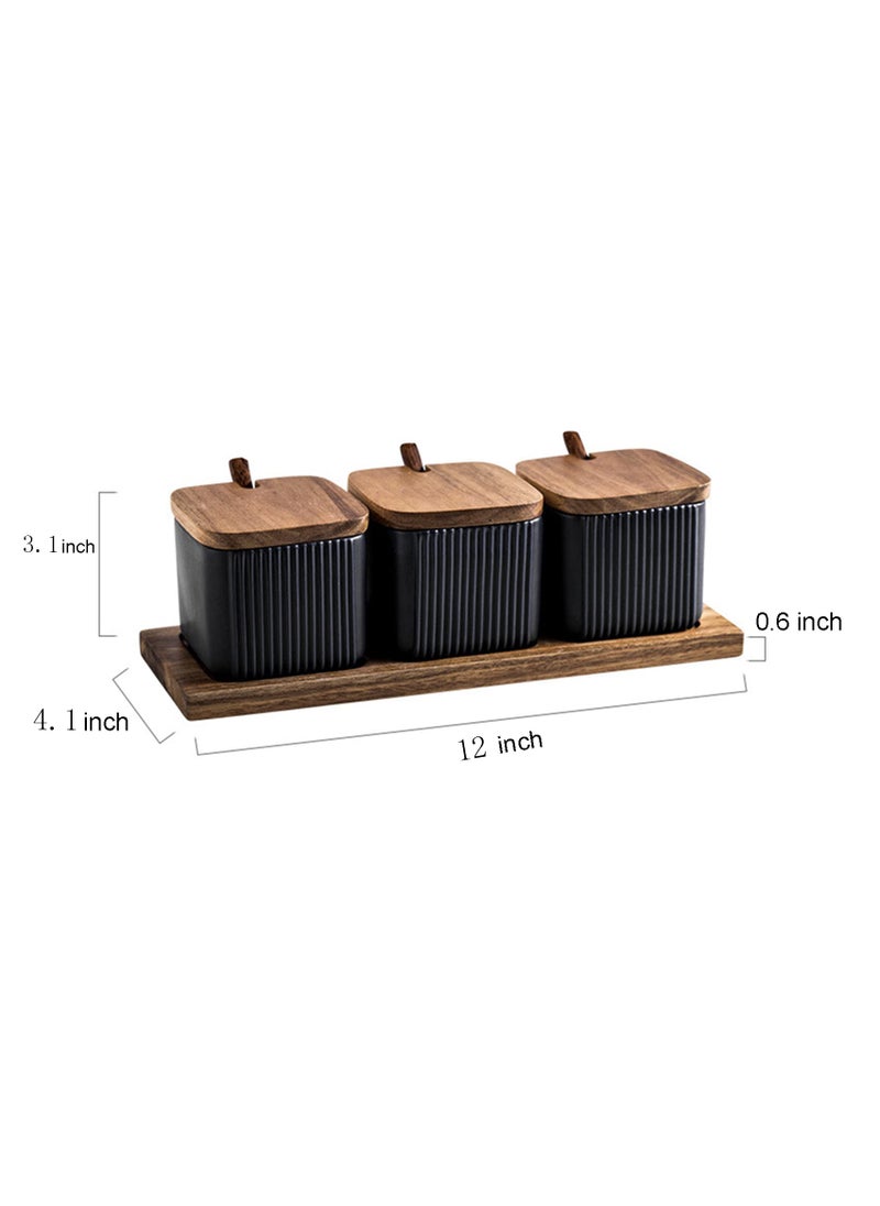 BIHOIB BIHOIB Black Porcelain Sugar Bowl Condiment Pot Salt Container with Wooden Lid  Spoon and Tray  Modern Spice Box Seasoning Jar  Set of 3  - Image 2