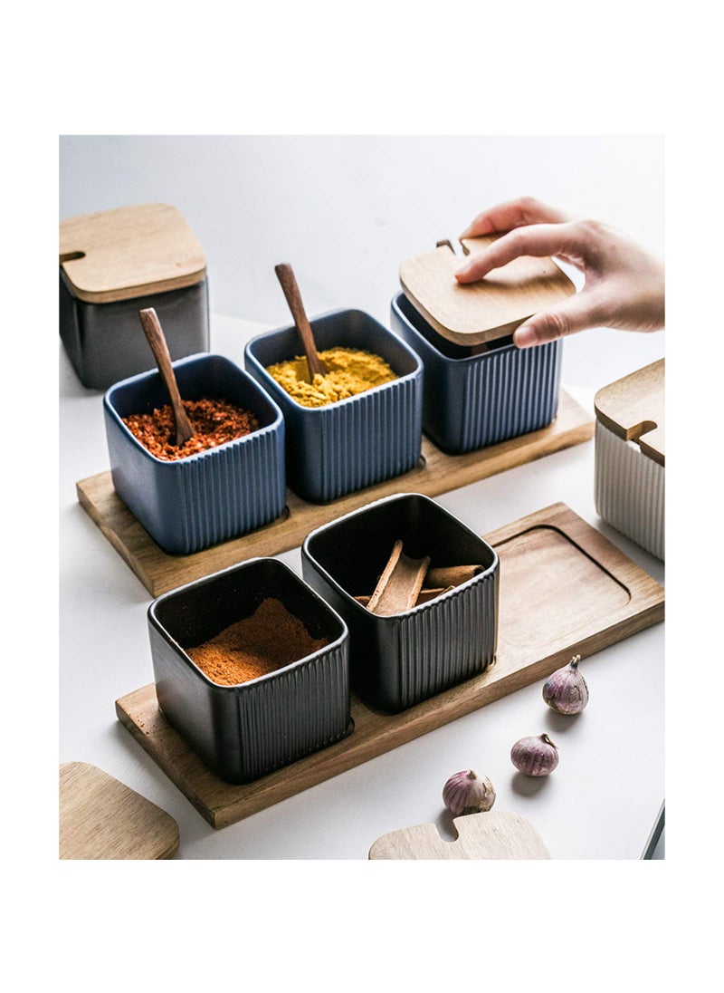 BIHOIB BIHOIB Black Porcelain Sugar Bowl Condiment Pot Salt Container with Wooden Lid  Spoon and Tray  Modern Spice Box Seasoning Jar  Set of 3  - Image 5