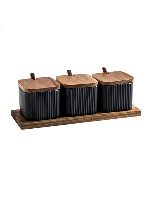 BIHOIB Black Porcelain Sugar Bowl Condiment Pot Salt Container with Wooden Lid  Spoon and Tray  Modern Spice Box Seasoning Jar  Set of 3