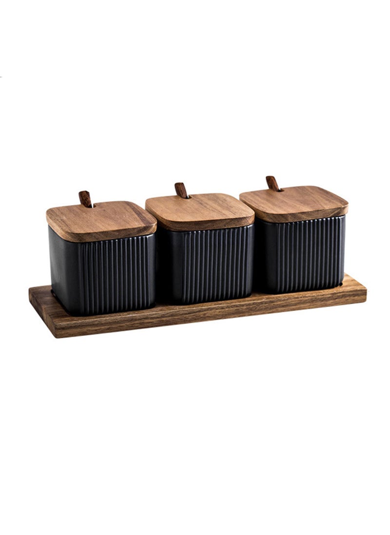 BIHOIB BIHOIB Black Porcelain Sugar Bowl Condiment Pot Salt Container with Wooden Lid  Spoon and Tray  Modern Spice Box Seasoning Jar  Set of 3  - Image 1
