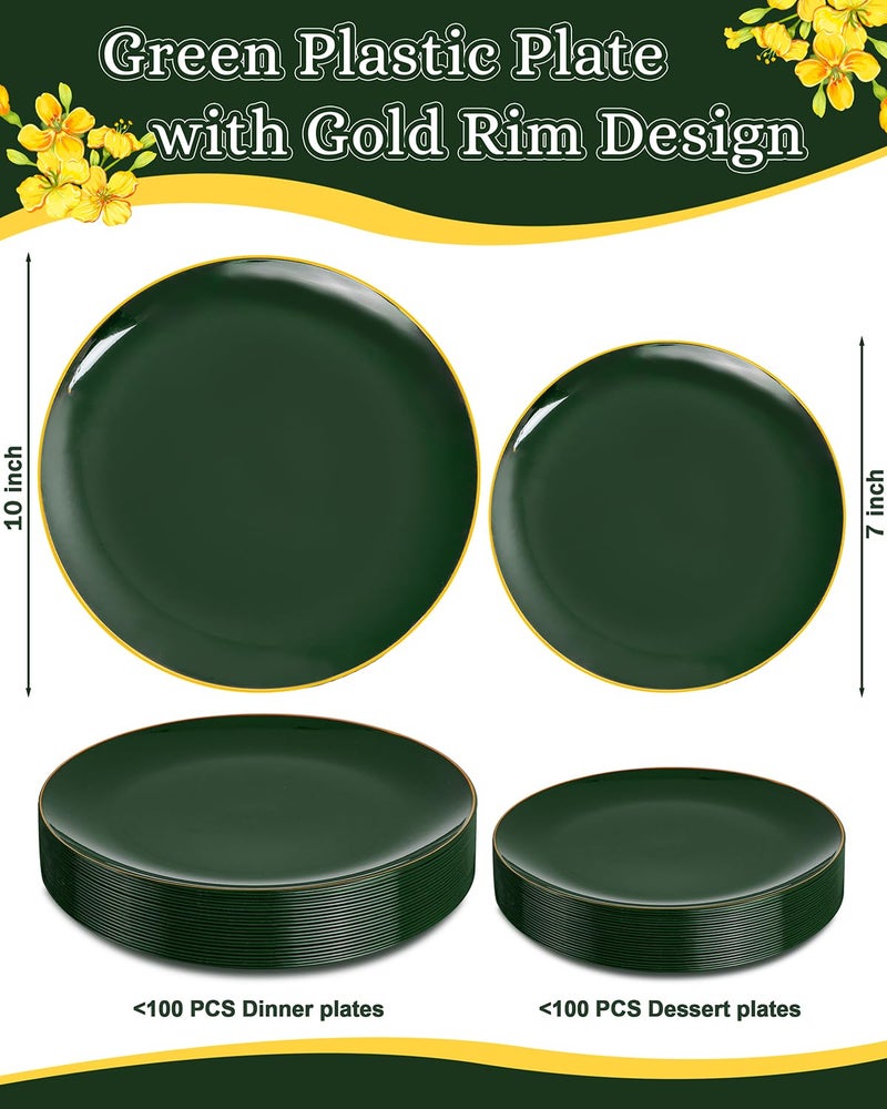 PULOTE 200PCS Green Plastic Plates - Heavy Duty Green Disposable Include 100 Each (10 inch Dinner & 7 inch Dessert) Plates for Christmas Party - Image 3