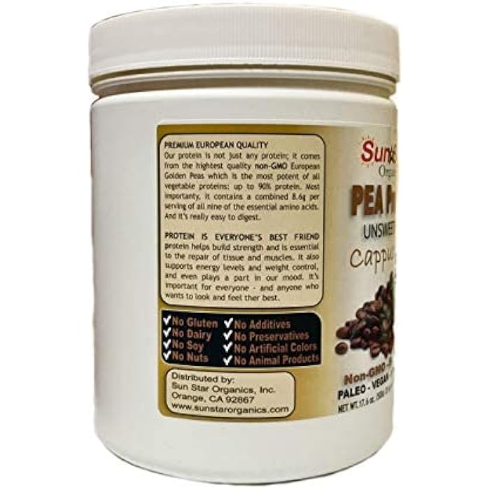 sun star organics Pea Protein Powder - Unsweetened - Cappuccino with Coffee Powder & Vanilla Extract, Soy Free, Non-GMO 17.6 oz - Image 3