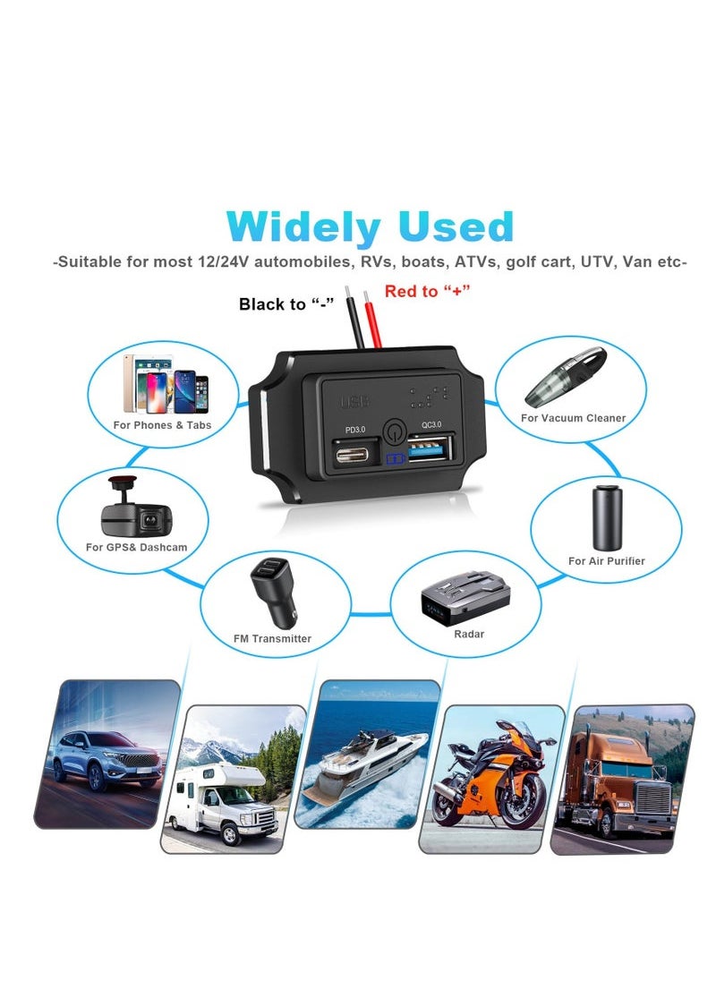 Captaintech Ports 12V/24V USB Outlet 58W, Dual Quick Charge, PD Type-C (USB C) & QC3.0 USB Port Panel Wall Mount Automotive Car USB Socket Charger Power Adapter for RV Marine Boat Bus ATV Motorcycle Truck  - Image 4