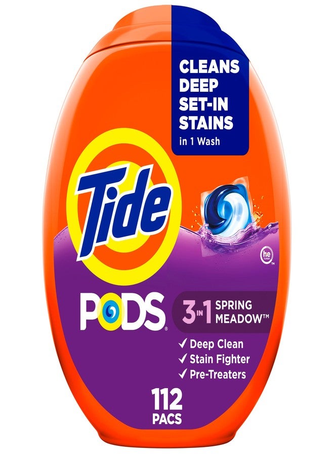 Tide PODS Laundry Detergent Pacs, 3-in-1 Stain Remover, Odor Fighter, Color Protector, 112 Count, HE compatible, Spring Meadow Scent - Image 1