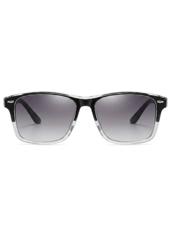 POLITE Unisex Square Sunglasses with Black and Clear Frame and Grey Gradient Lens - Image 1